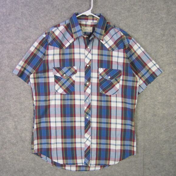 Open Trails Shirt Mens Large Blue Red Plaid Short Sleeve Western Pearl Snap - Picture 1 of 8